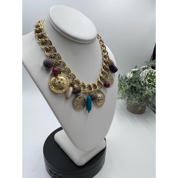 Carol Dauplaise Signed Vintage Double Gold-tone Link Disc Bead Charm Necklace - Picture 6 of 13